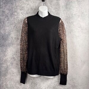 Sioni Milano Women's Black Mock Neck Leopard Print Sheer Puff Sleeve Sweater LRG